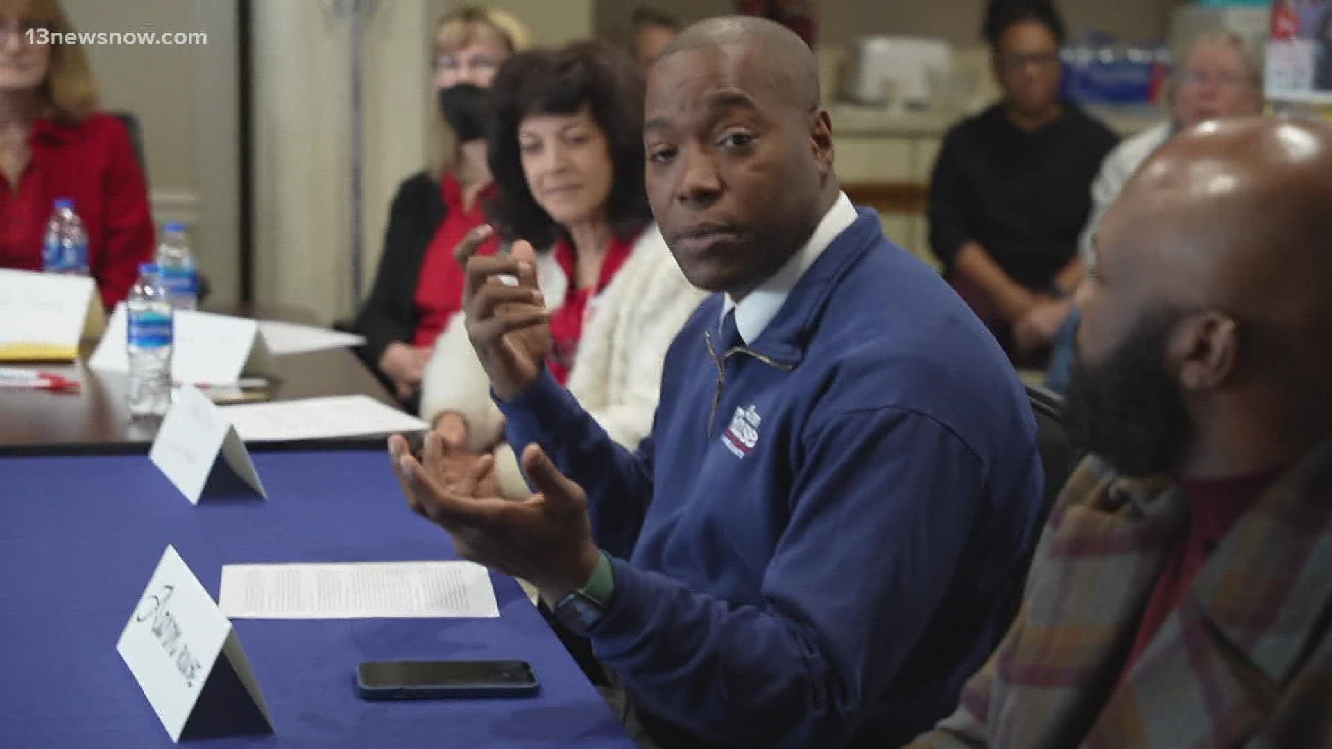 Republican Kevin Adams appeared with Virginia Gov. Glenn Youngkin, while Democrat Aaron Rouse held a roundtable on education.