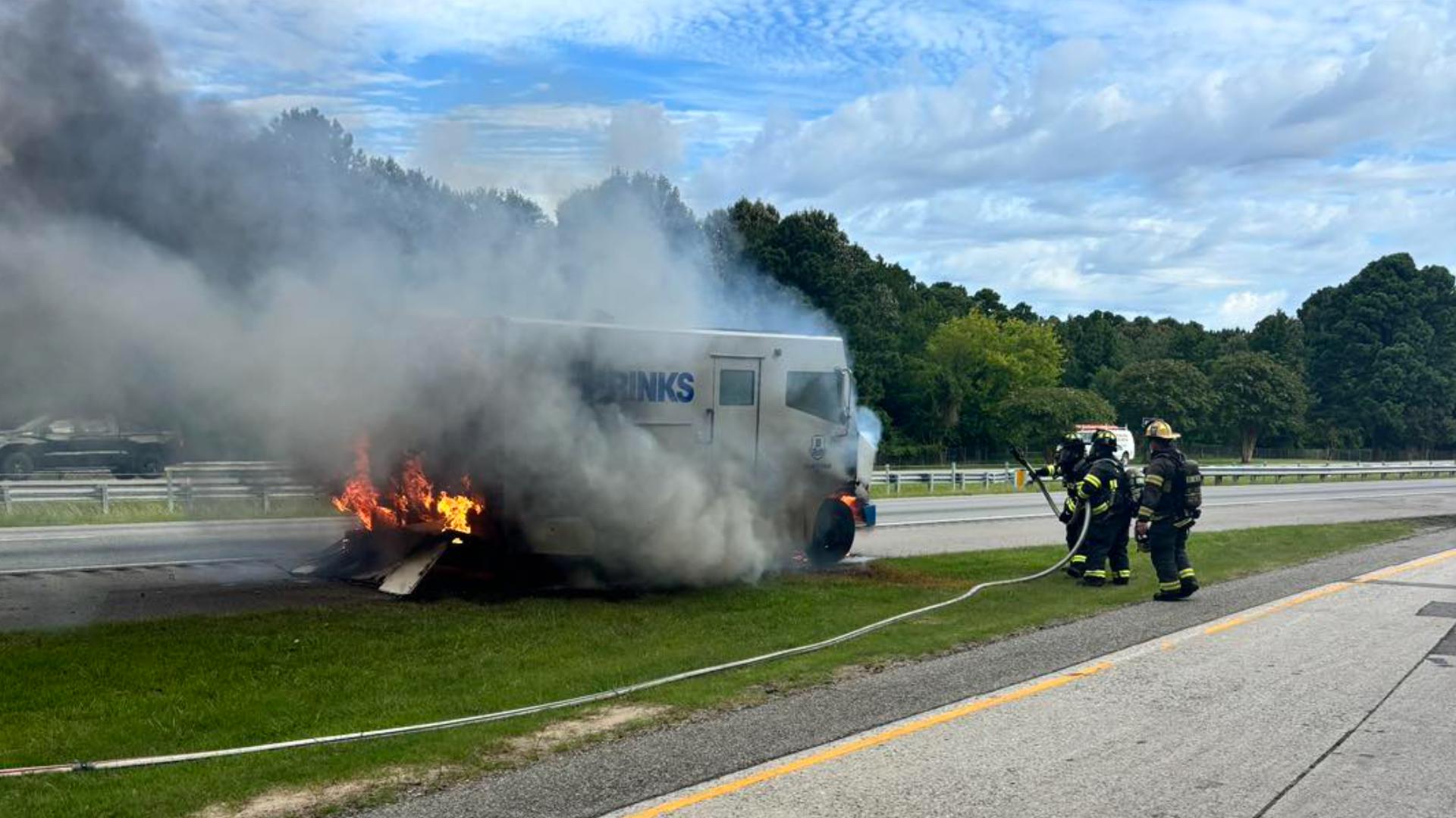 Brinks armored truck fire closes lanes on I-664 North in Suffolk ...