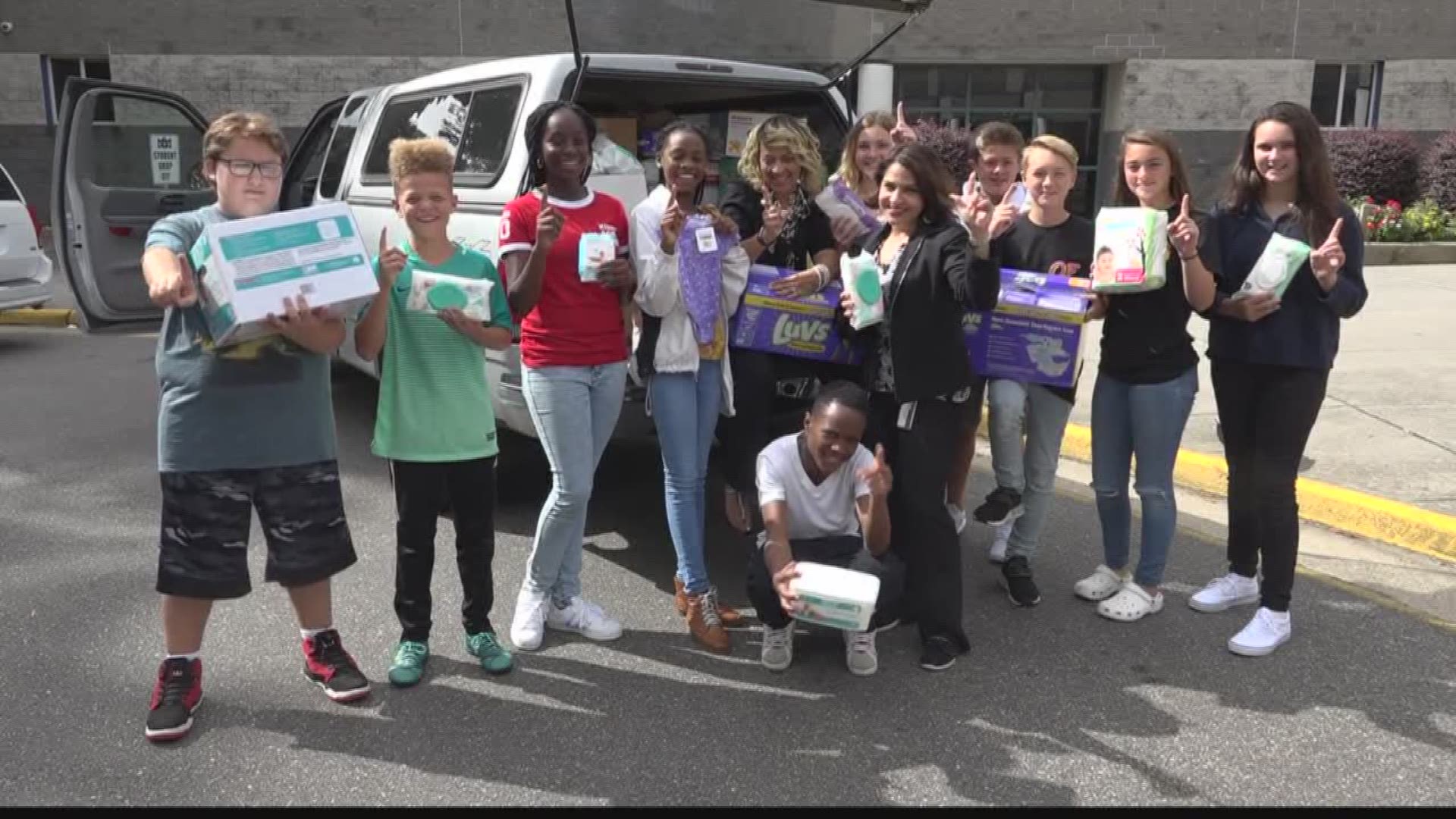 Students at Gildersleeve Middle school in Newport News filled an entire truck with onesies, pampers and diapers for baby victims of hurricane Harvey