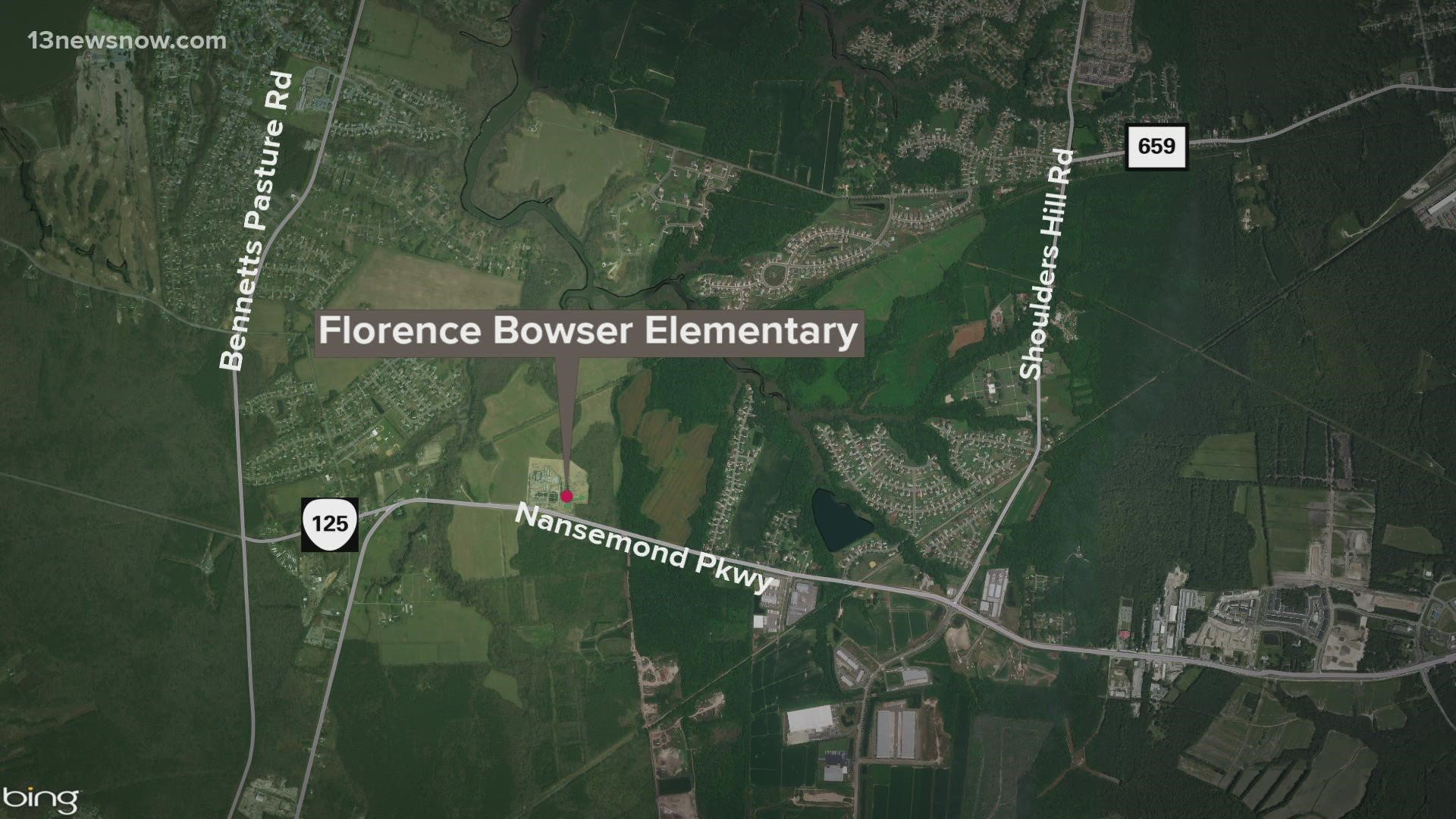 Suffolk firefighters got a call about a fire in a trashcan in a girls' bathroom at Florence Bowser Elementary School.