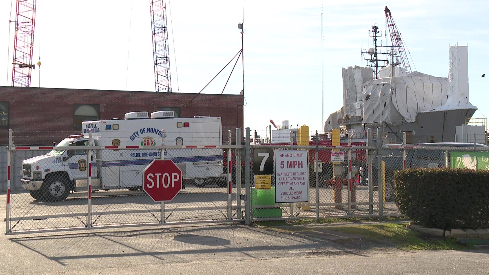No one was hurt after a suspected explosive device was found inside a barge at a shipyard in Norfolk on Tuesday morning.