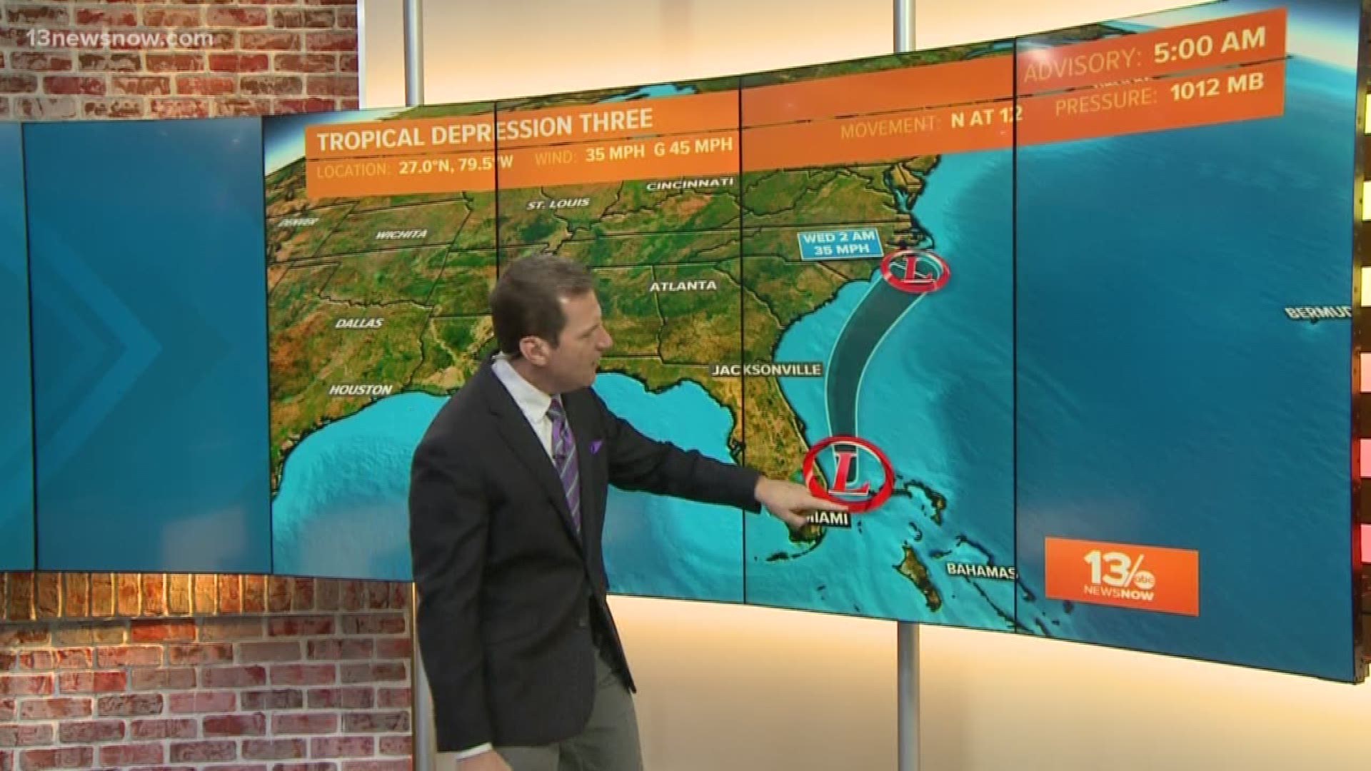 Stormy weather in Hampton Roads today is bringing in a cold front that will push Tropical Depression 3 away from the Carolina and Hampton Roads coastline.