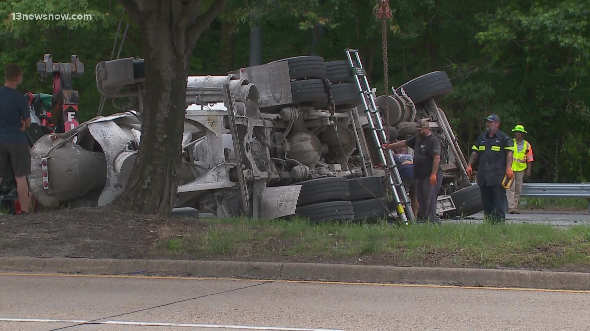 Indian River Road eastbound closed at the intersection with Interstate 64 in Virginia Beach after a cement truck overturned Friday afternoon.