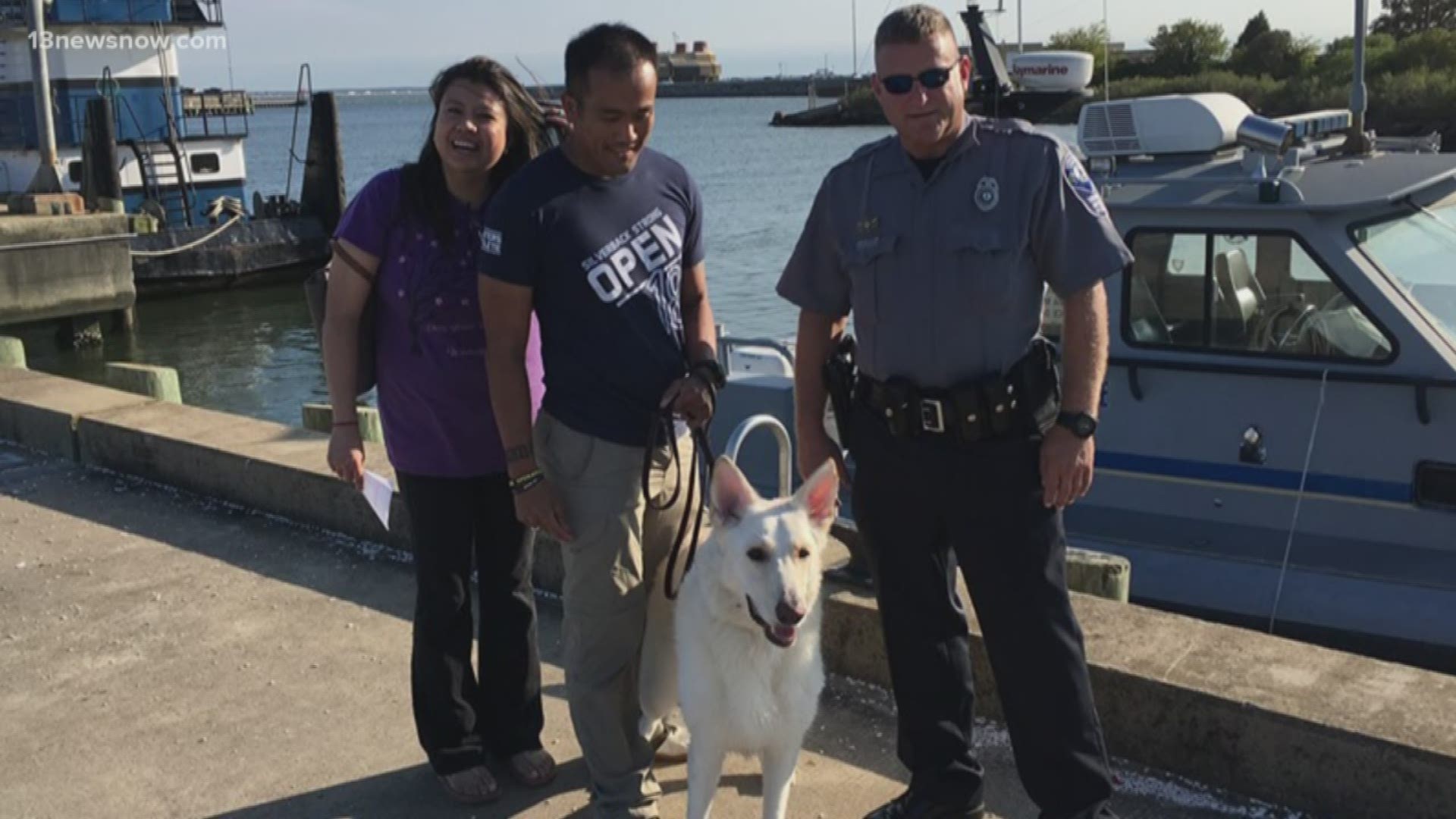 Marine officers rescued the dog after it was ejected out of a car and off the MMBT bridge following a multi-vehicle crash. Kenji has been reunited with his family.