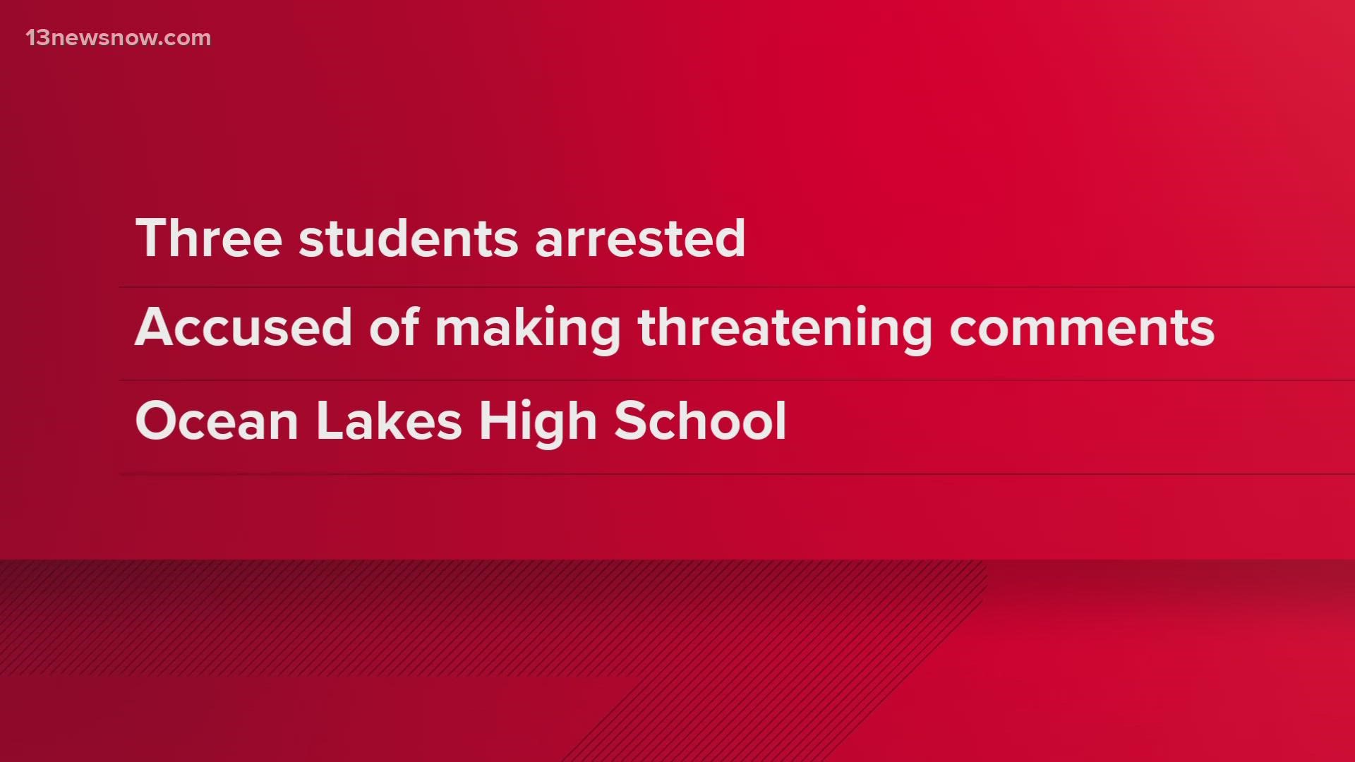 Three students at Ocean Lakes High School were arrested for making threatening comments online about a teacher, the Virginia Beach Police Department (VBPD) said.