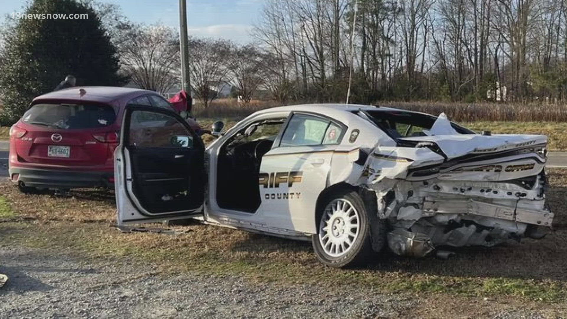 The deputy was running radar when another vehicle rammed into his patrol car, the Sheriff's Office says.