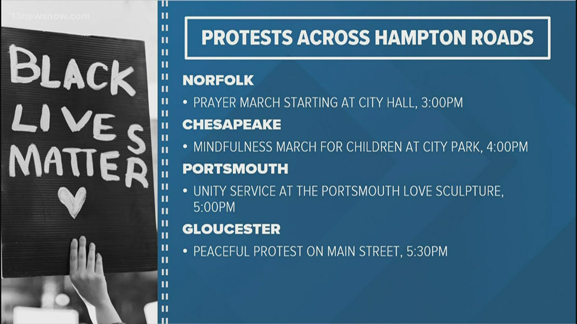 There are several marches planned for racial justice in Chesapeake, Norfolk, Portsmouth and Gloucester County. Here's just a few of them.