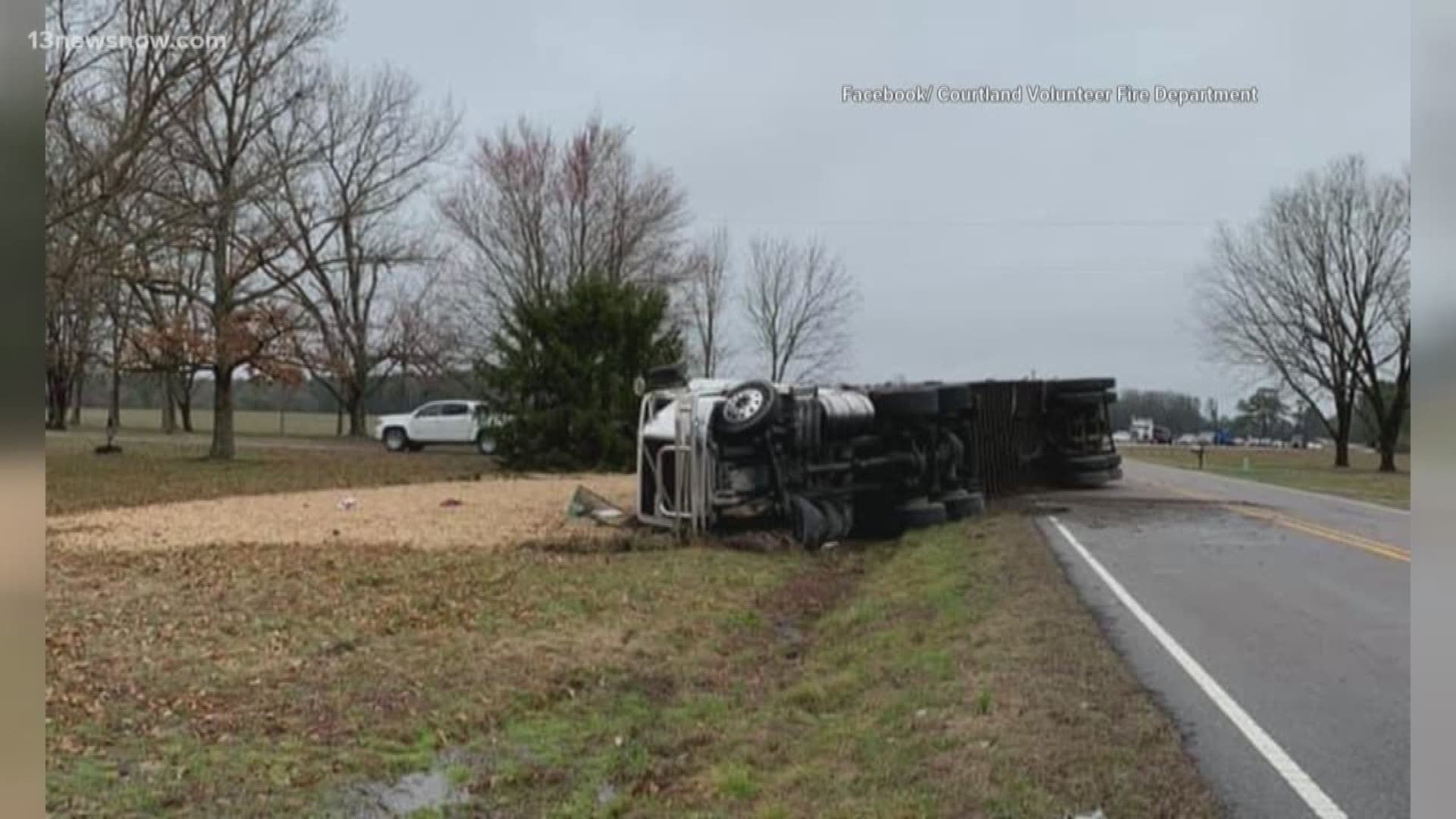 A tractor -trailer carrying peanuts overturned in Courtland. The driver was ejected and had to be medevaced to a hospital.