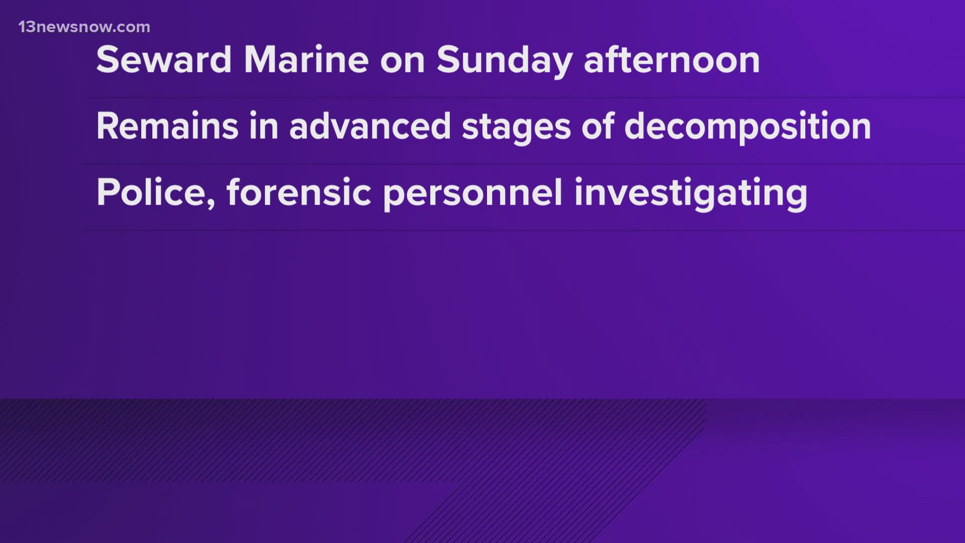 Around 2:47 p.m. on Sunday night, officers responded to a report of human remains found at what they referred to as a "barge dumping area" at Seaward Marine. 