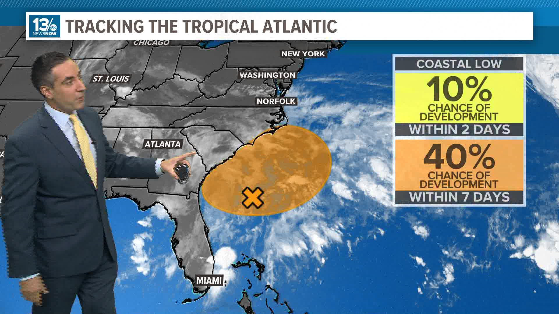 An area of low pressure that according to the National Hurricane Center now has a moderate chance of becoming our next named storm, Helene.