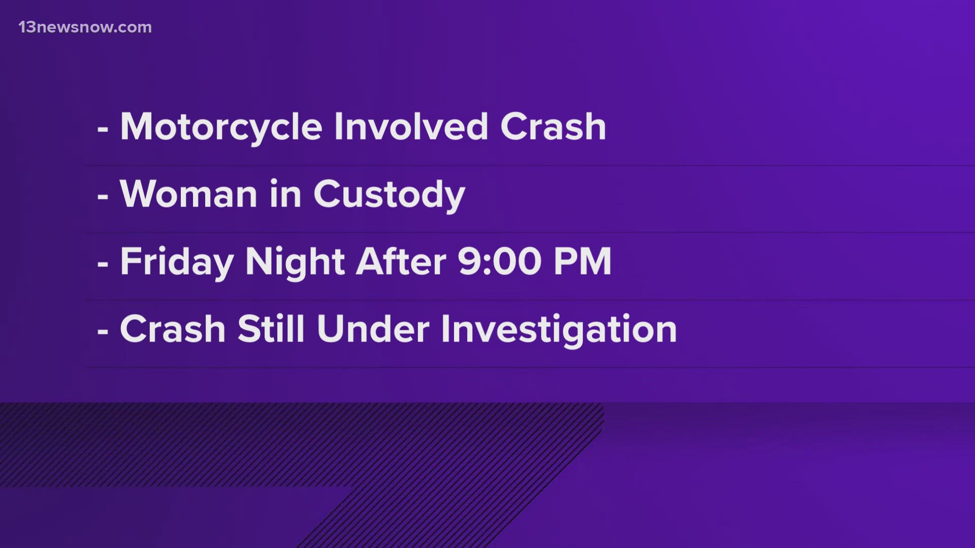 A woman is in custody, charged in connection to a deadly crash on Ferrell Parkway in Virginia Beach. The crash killed a motorcyclist on Friday evening.