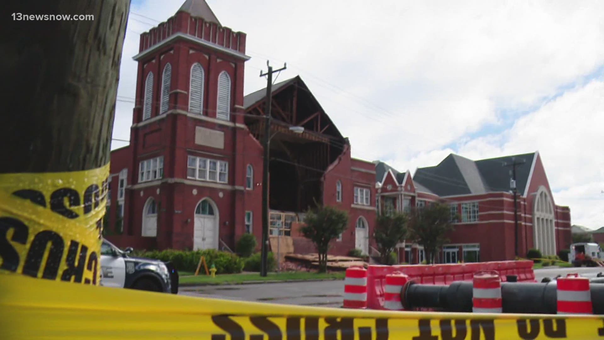 The wall of a Norfolk church is in pieces after those heavy winds reduced it to rubble. Falling bricks caused a gas leak, which workers later fixed.