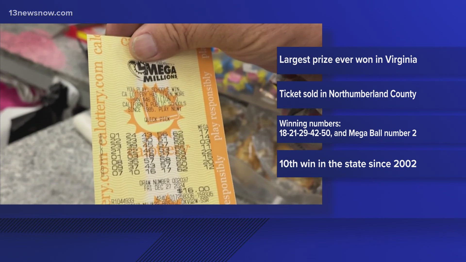 A Mega Millions ticket sold in Northumberland County for Friday night’s drawing won a $348 million jackpot. It’s the largest lottery prize ever won in Virginia.