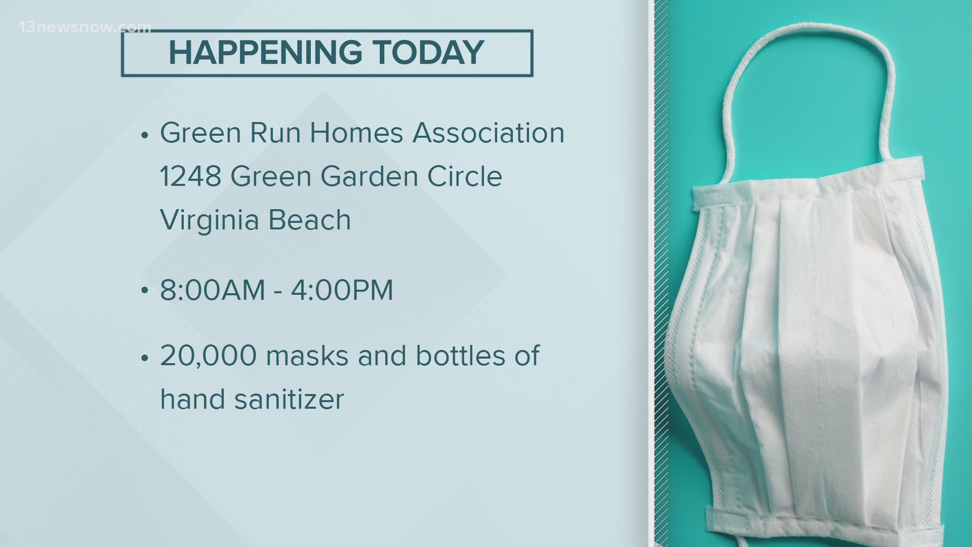 Virginia Beach residents can receive a bag of filled with some masks and hand sanitizer. Additional events will be held in August 2020.