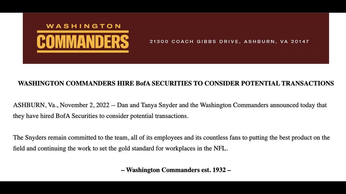 Commanders owners Dan & Tanya Snyder hires Bank Of America to look into  possibly selling the team