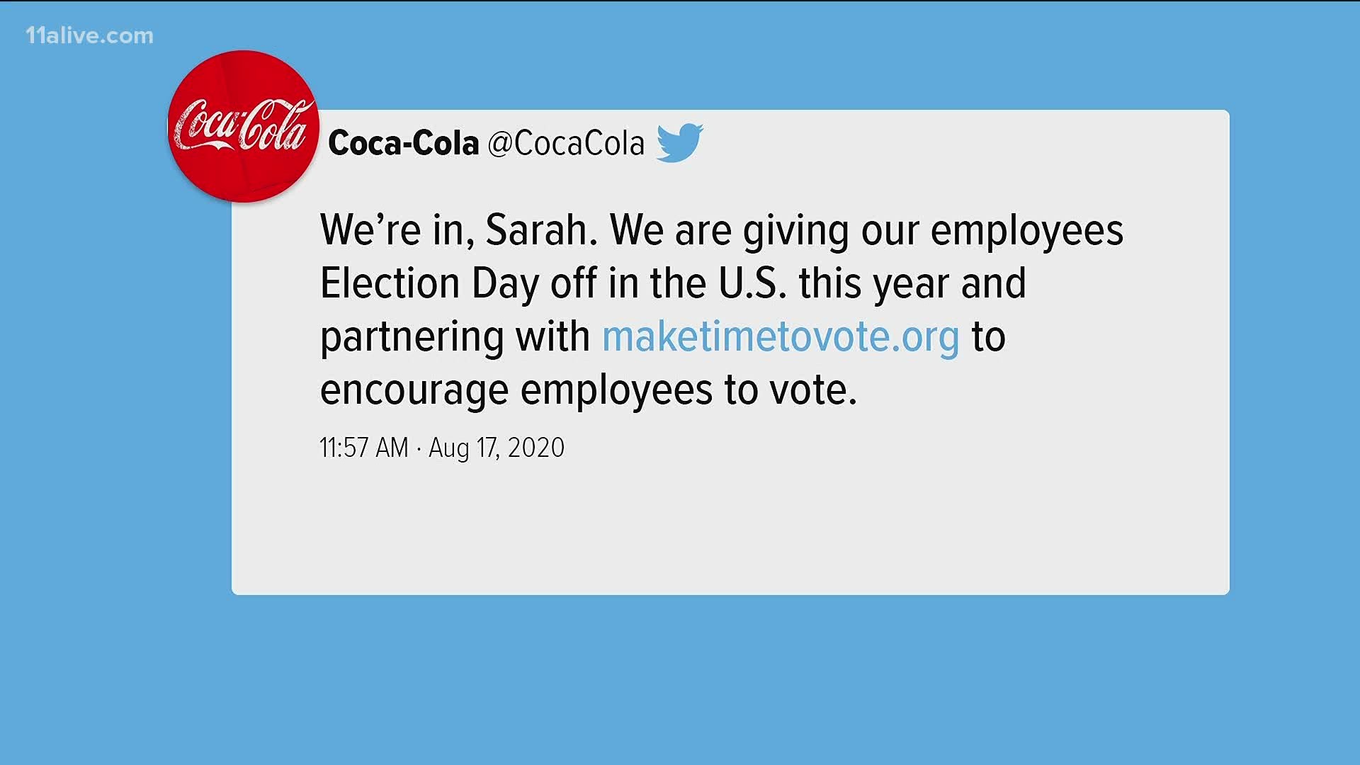 The company responded to a tweet by comedian Sarah Silverman challenging companies to give employees Election Day off to vote.